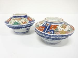 古伊万里　染錦　紅白蓋物碗　2客